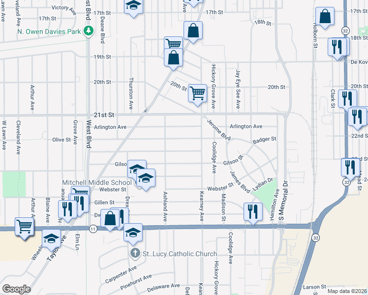 map of restaurants, bars, coffee shops, grocery stores, and more near 2418 Bate Street in Racine