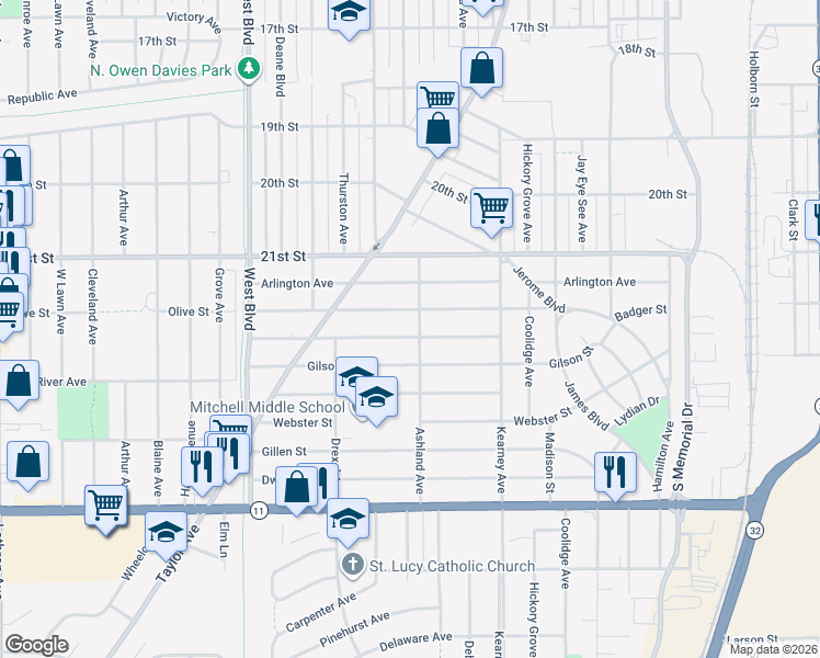 map of restaurants, bars, coffee shops, grocery stores, and more near 2512 Bate Street in Racine