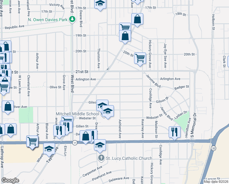 map of restaurants, bars, coffee shops, grocery stores, and more near 2512 Bate Street in Racine