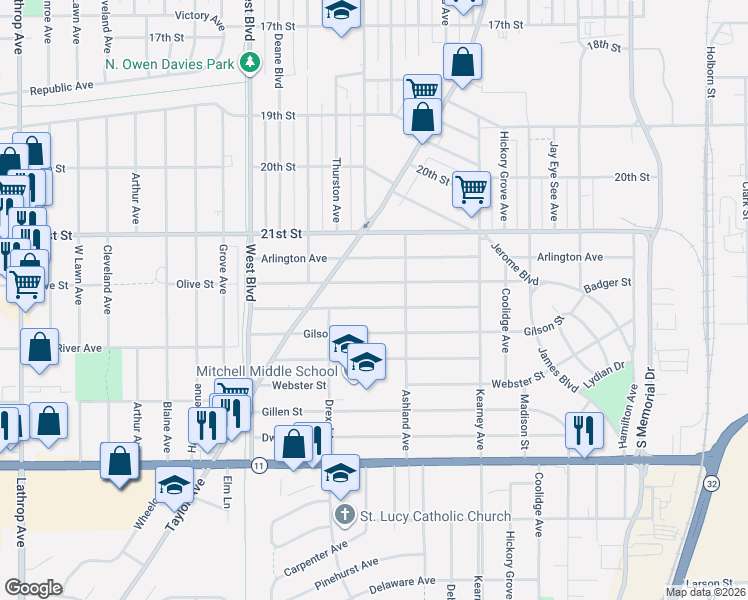 map of restaurants, bars, coffee shops, grocery stores, and more near 2624 Bate Street in Racine