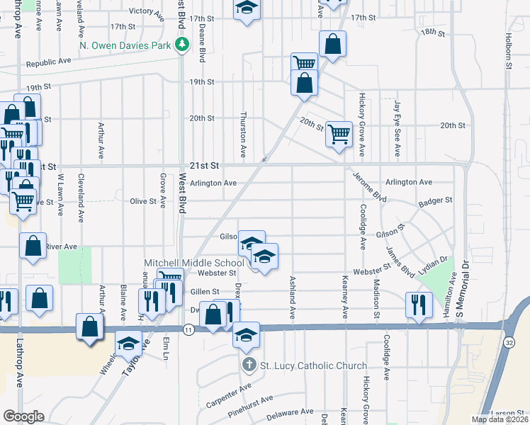 map of restaurants, bars, coffee shops, grocery stores, and more near 2624 Bate Street in Racine
