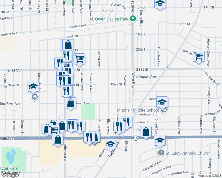 map of restaurants, bars, coffee shops, grocery stores, and more near 2318 Hayes Avenue in Racine