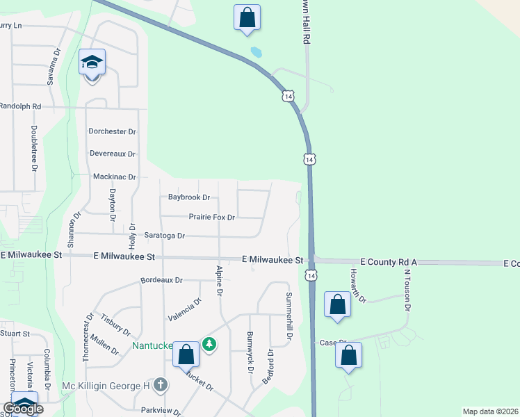 map of restaurants, bars, coffee shops, grocery stores, and more near 4415 Prairie Fox Drive in Janesville