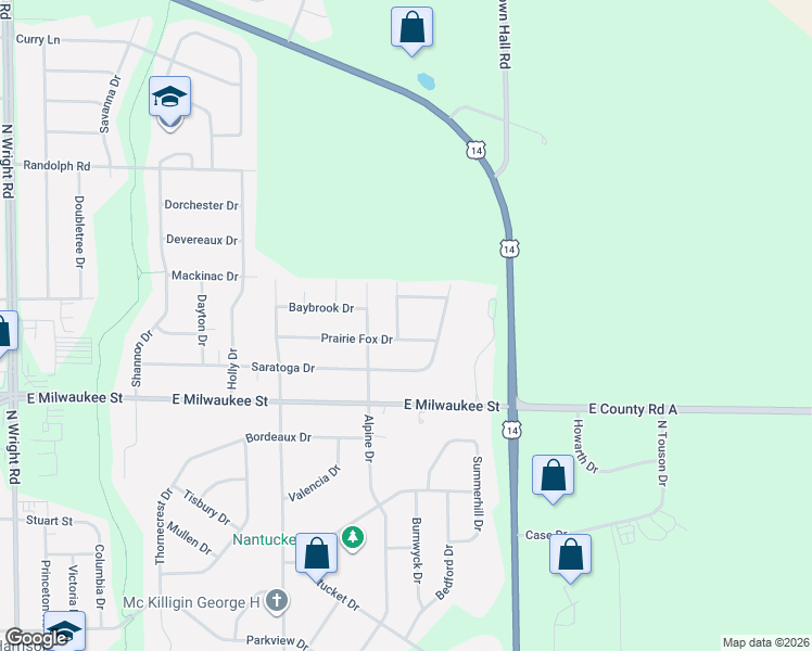 map of restaurants, bars, coffee shops, grocery stores, and more near 4415 Prairie Fox Drive in Janesville