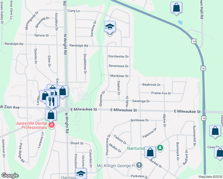 map of restaurants, bars, coffee shops, grocery stores, and more near 3937 Windwood Drive in Janesville
