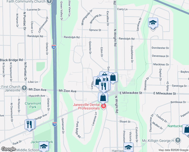 map of restaurants, bars, coffee shops, grocery stores, and more near 1407 Laramie Lane in Janesville