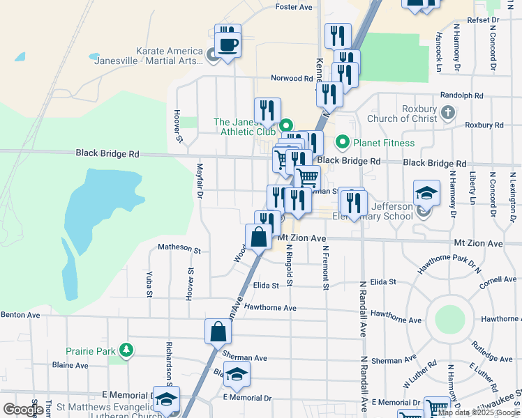 map of restaurants, bars, coffee shops, grocery stores, and more near 1403 Woodman Road in Janesville
