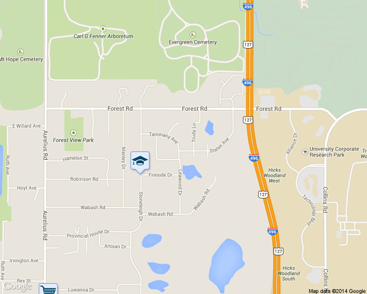 map of restaurants, bars, coffee shops, grocery stores, and more near 2801 Staten Ave in Lansing