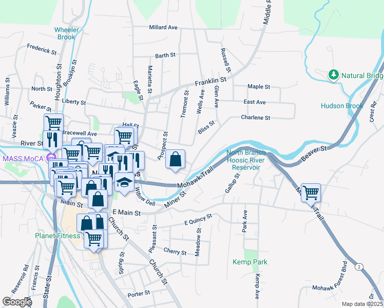map of restaurants, bars, coffee shops, grocery stores, and more near 73 Cliff Street in North Adams
