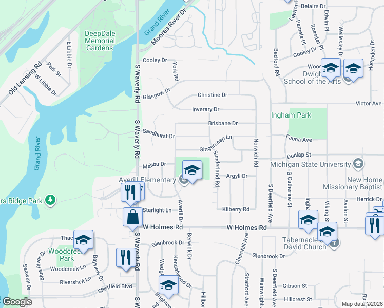 map of restaurants, bars, coffee shops, grocery stores, and more near 3501 Ginger Snap Lane in Lansing