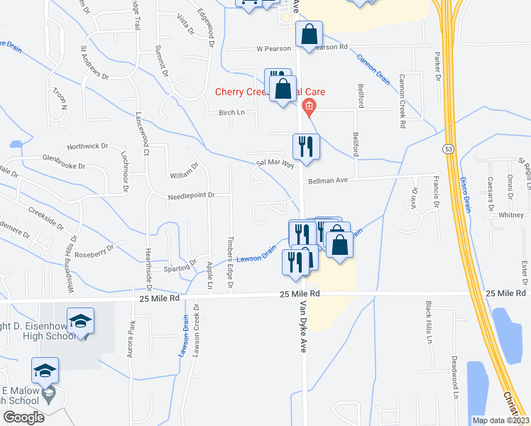 map of restaurants, bars, coffee shops, grocery stores, and more near 7760 Marie Drive in Macomb County
