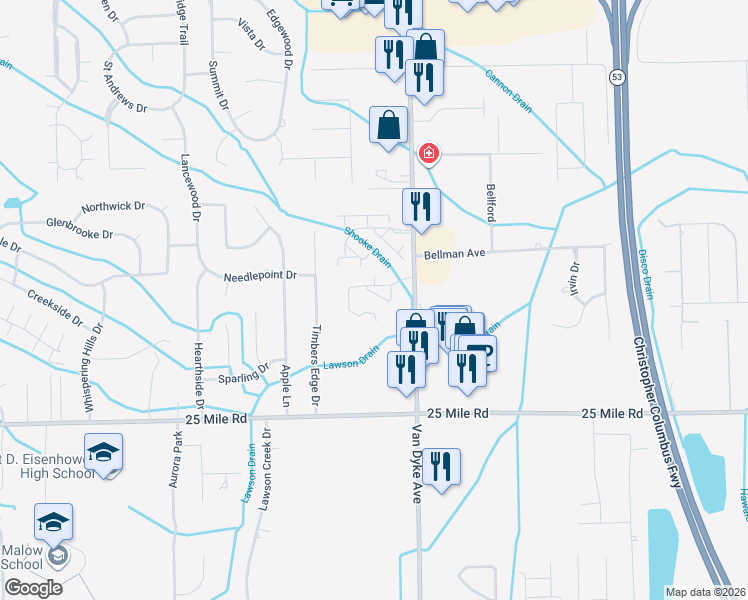 map of restaurants, bars, coffee shops, grocery stores, and more near 7829 Ambassador Drive in Shelby charter Township