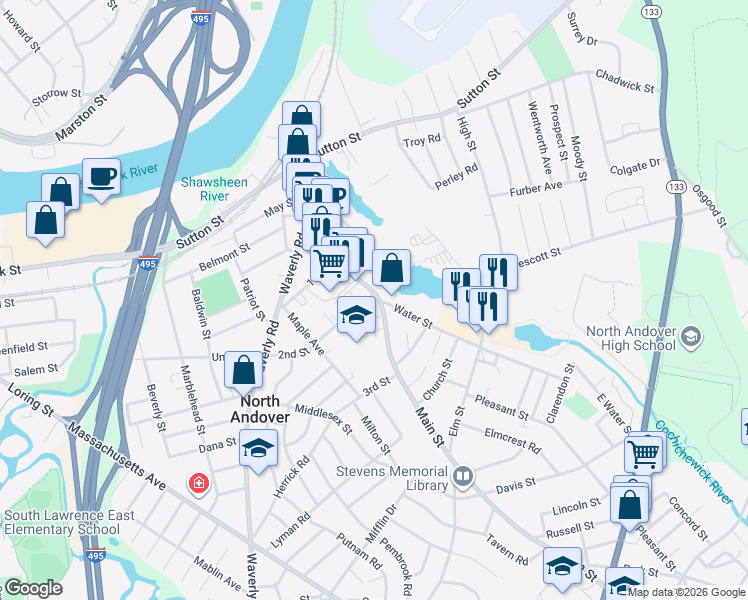 map of restaurants, bars, coffee shops, grocery stores, and more near 149 Main Street in North Andover