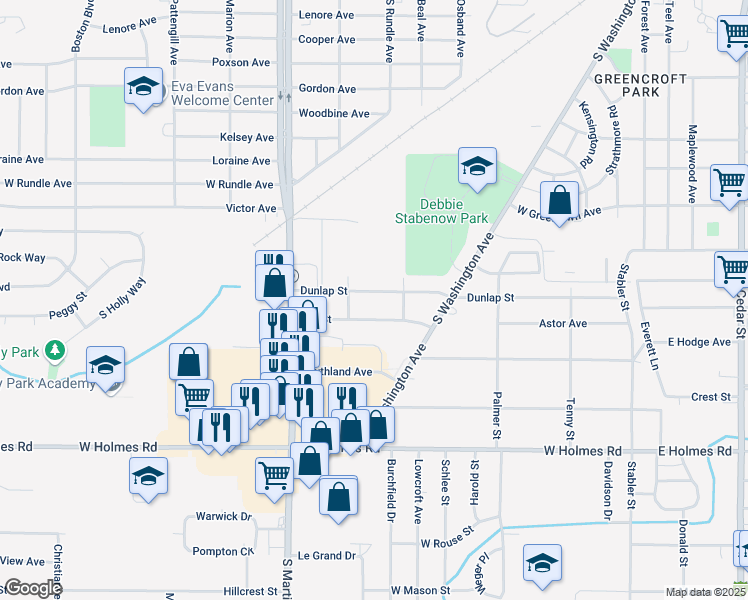 map of restaurants, bars, coffee shops, grocery stores, and more near 807 Dunlap Street in Lansing