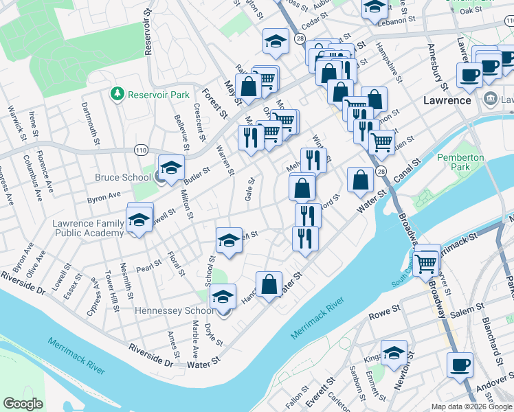 map of restaurants, bars, coffee shops, grocery stores, and more near 788 Essex Street in Lawrence