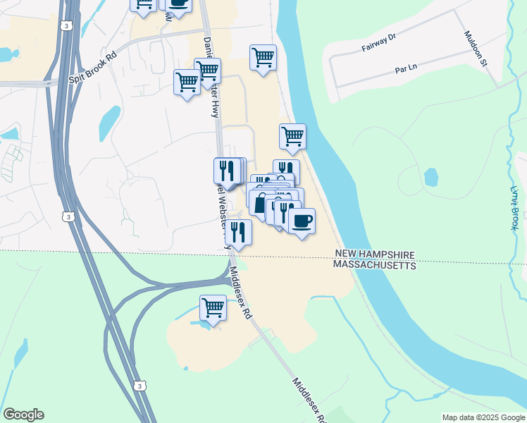 map of restaurants, bars, coffee shops, grocery stores, and more near 310 Daniel Webster Highway in Nashua