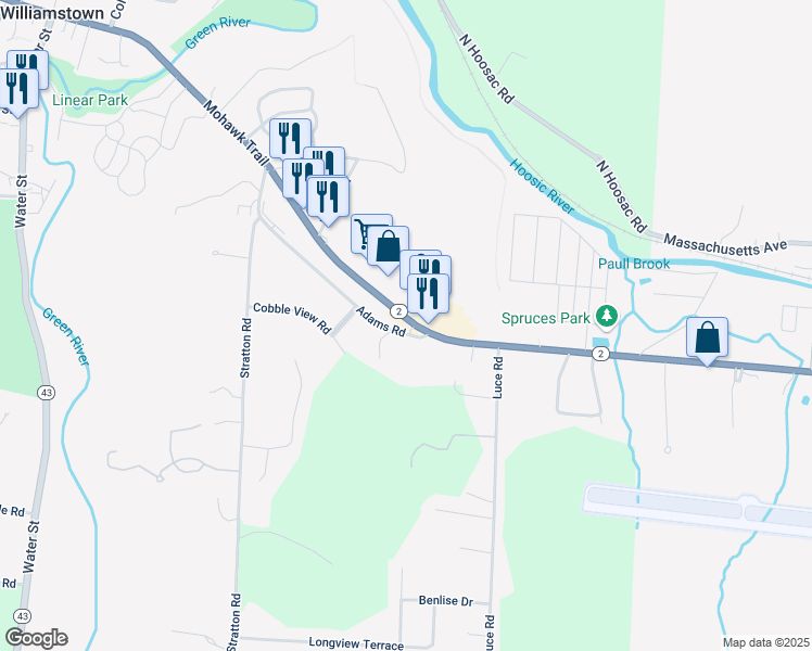 map of restaurants, bars, coffee shops, grocery stores, and more near 259 Main Street in Williamstown