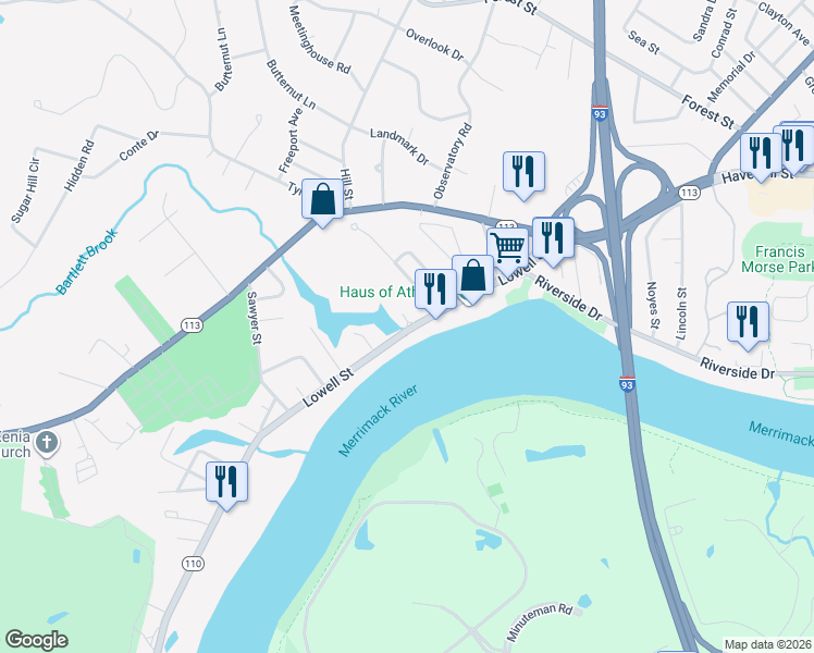 map of restaurants, bars, coffee shops, grocery stores, and more near 486 Riverton in Methuen