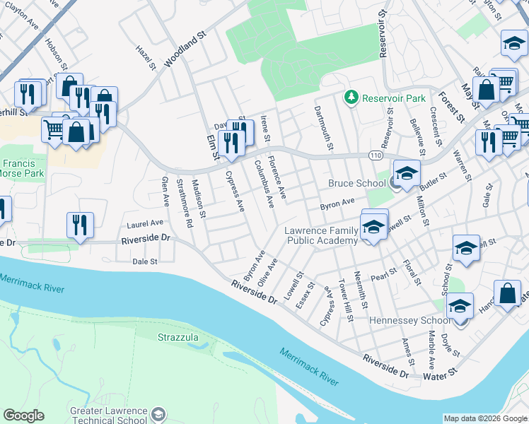 map of restaurants, bars, coffee shops, grocery stores, and more near 8A Columbus Avenue in Lawrence