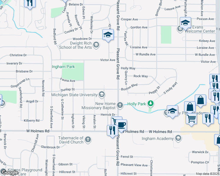 map of restaurants, bars, coffee shops, grocery stores, and more near 2231 Dunlap Street in Lansing