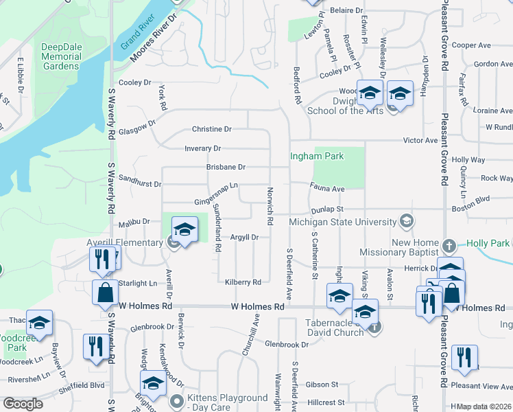 map of restaurants, bars, coffee shops, grocery stores, and more near 3001 Cardiff Court in Lansing