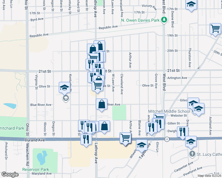 map of restaurants, bars, coffee shops, grocery stores, and more near 2313 West Lawn Avenue in Racine