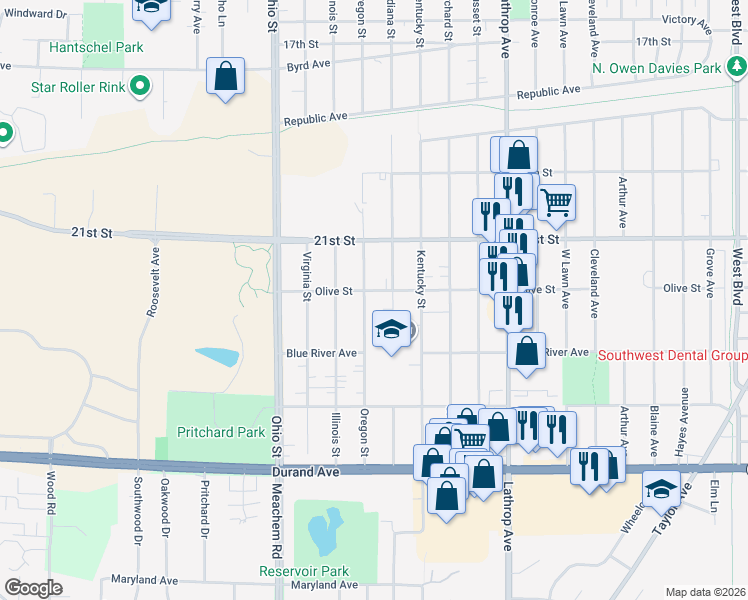 map of restaurants, bars, coffee shops, grocery stores, and more near 2316 Indiana Street in Racine