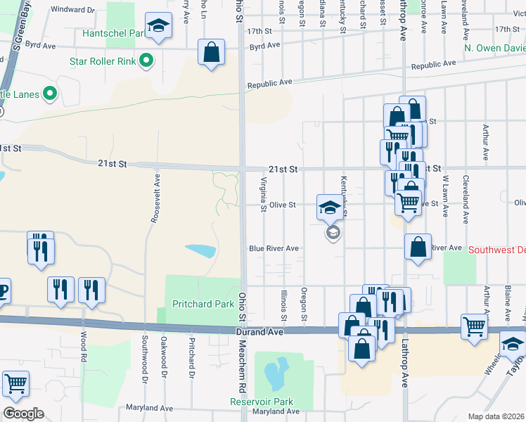 map of restaurants, bars, coffee shops, grocery stores, and more near 2321 Virginia Street in Racine