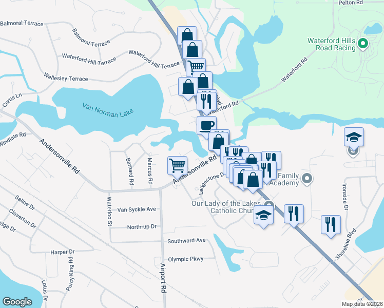 map of restaurants, bars, coffee shops, grocery stores, and more near 5860 Andersonville Road in Waterford Township