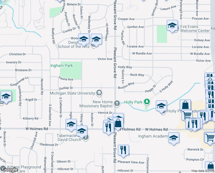 map of restaurants, bars, coffee shops, grocery stores, and more near 2231 Dunlap Street in Lansing