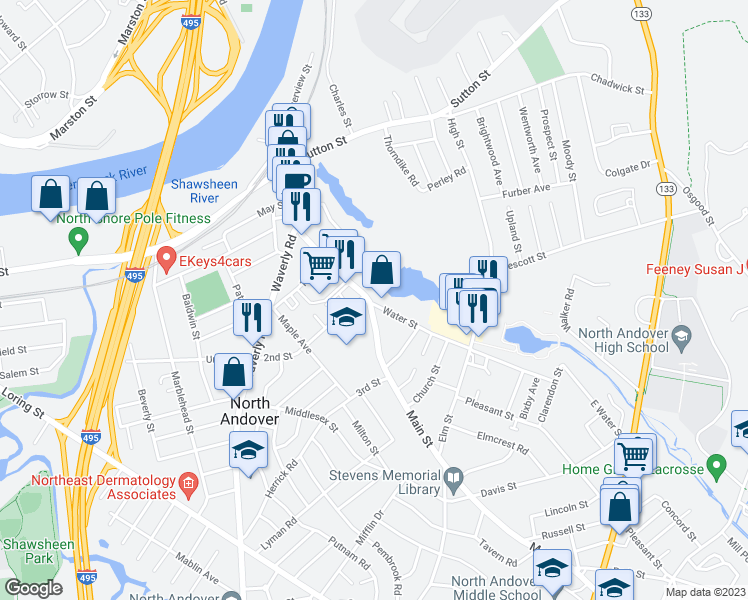 map of restaurants, bars, coffee shops, grocery stores, and more near 4 Water Street in North Andover