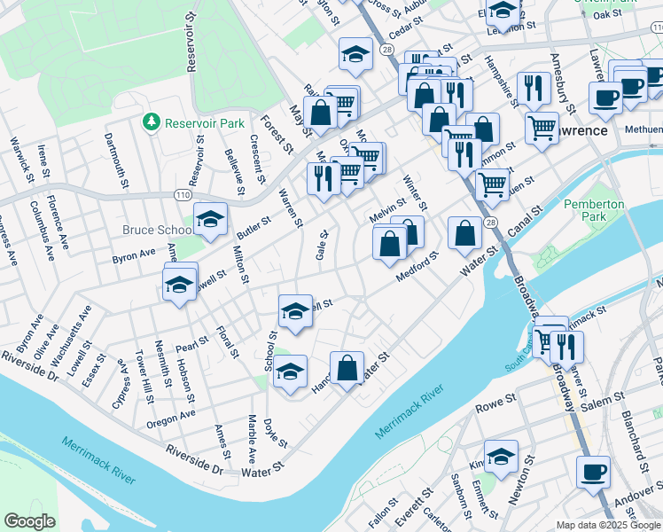 map of restaurants, bars, coffee shops, grocery stores, and more near 803 Essex Street in Lawrence
