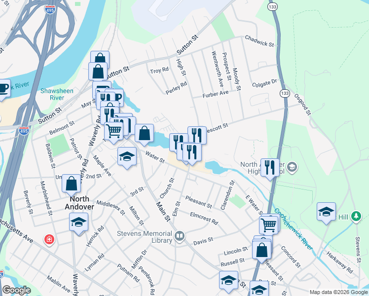 map of restaurants, bars, coffee shops, grocery stores, and more near 60 Water Street in North Andover