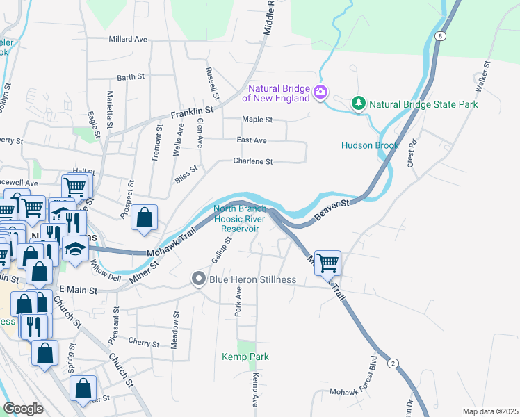map of restaurants, bars, coffee shops, grocery stores, and more near 467 Mohawk Trail in North Adams