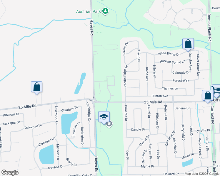 map of restaurants, bars, coffee shops, grocery stores, and more near 55176 Breton Woods Drive in Macomb
