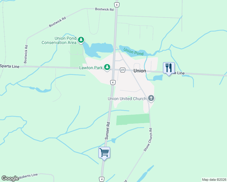 map of restaurants, bars, coffee shops, grocery stores, and more near 6012 County Road 4 in Union