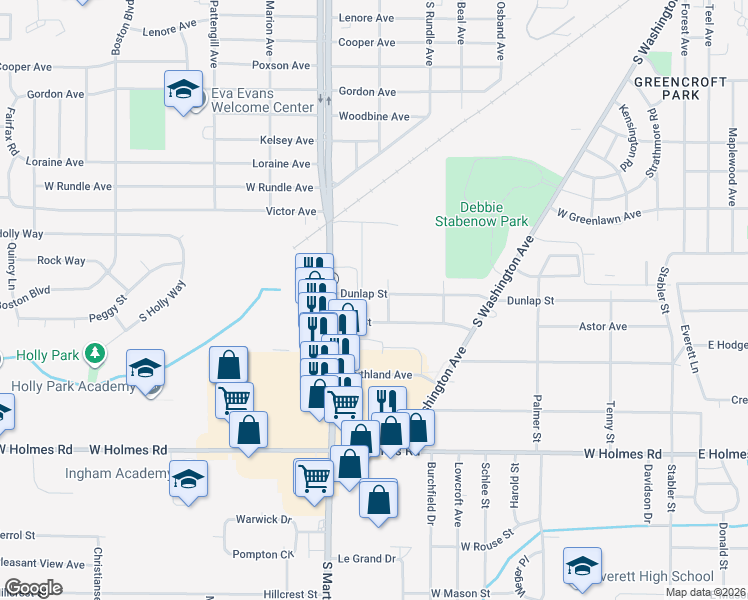 map of restaurants, bars, coffee shops, grocery stores, and more near 915 Dunlap Street in Lansing