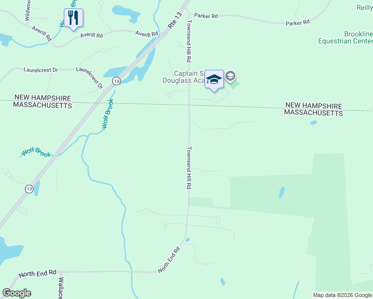 map of restaurants, bars, coffee shops, grocery stores, and more near 1-3 Townsend Hill Road in Townsend