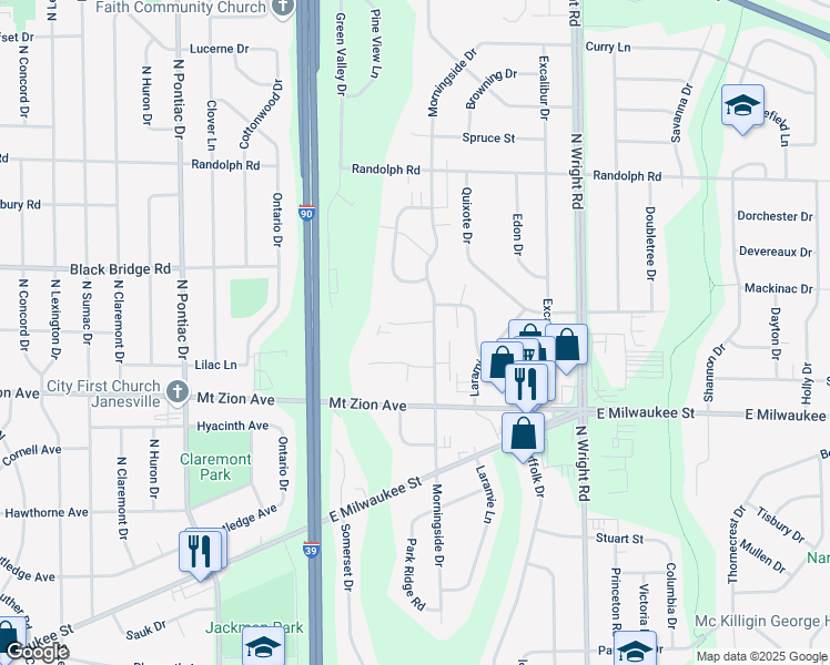 map of restaurants, bars, coffee shops, grocery stores, and more near 3122 Vold Court in Janesville