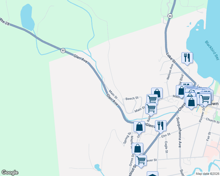 map of restaurants, bars, coffee shops, grocery stores, and more near State Highway 28 in Cooperstown