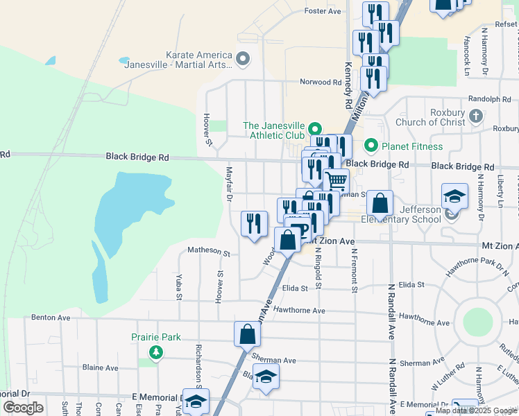 map of restaurants, bars, coffee shops, grocery stores, and more near 1405 Foster Avenue in Janesville