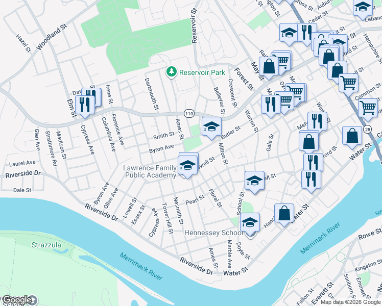 map of restaurants, bars, coffee shops, grocery stores, and more near 272 Ames Street in Lawrence
