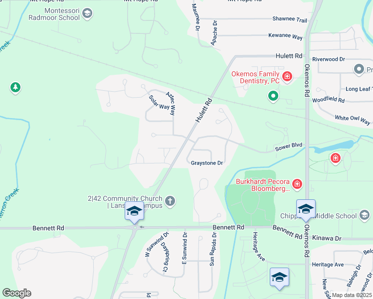 map of restaurants, bars, coffee shops, grocery stores, and more near 2435 Seville Drive in Meridian charter Township
