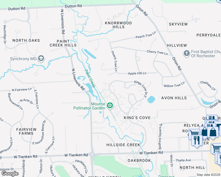 map of restaurants, bars, coffee shops, grocery stores, and more near 1568 Kings Cove Drive in Rochester Hills