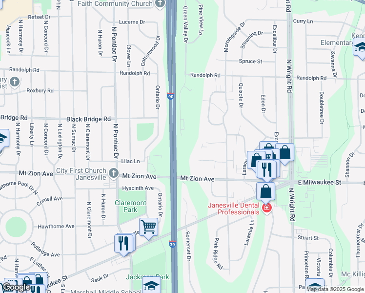 map of restaurants, bars, coffee shops, grocery stores, and more near 1604 Green Valley Drive in Janesville