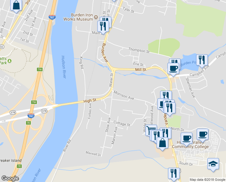 map of restaurants, bars, coffee shops, grocery stores, and more near 2 Morrison Avenue in Troy