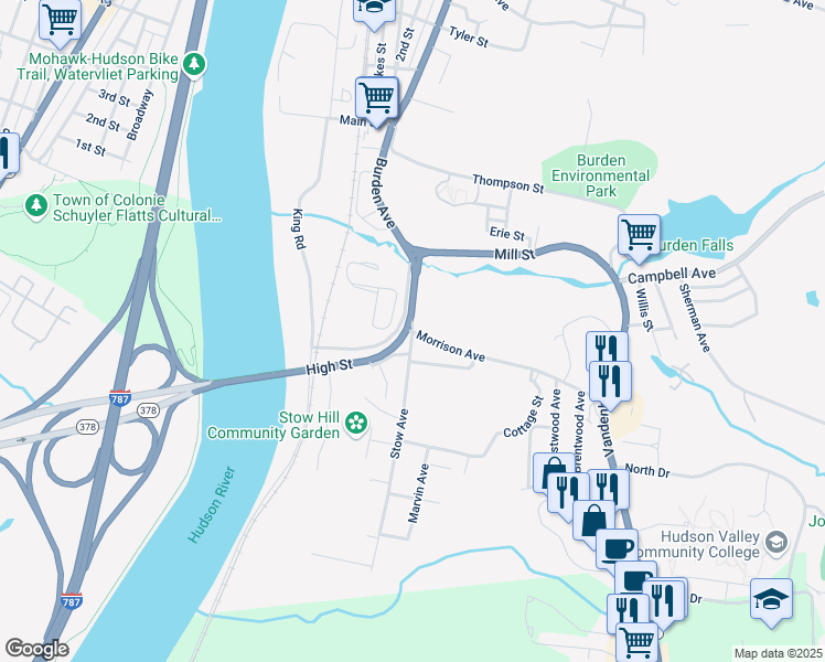 map of restaurants, bars, coffee shops, grocery stores, and more near 2 Morrison Avenue in Troy