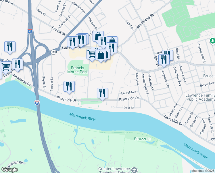 map of restaurants, bars, coffee shops, grocery stores, and more near 945 Riverside Drive in Methuen