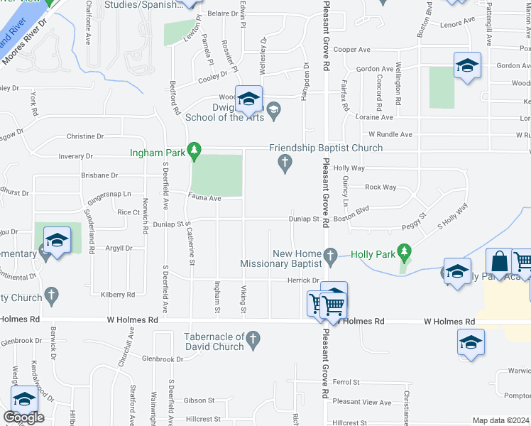 map of restaurants, bars, coffee shops, grocery stores, and more near 2504 Dunlap Street in Lansing