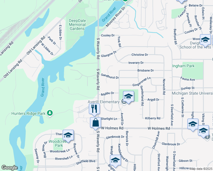 map of restaurants, bars, coffee shops, grocery stores, and more near 2934 Mersey Lane in Lansing